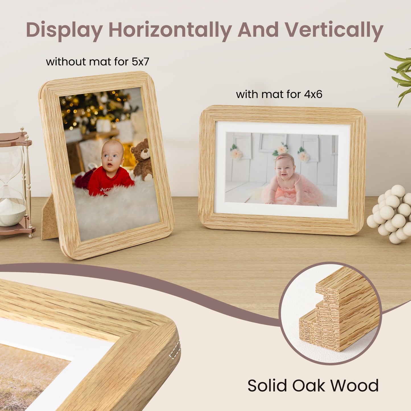 FLYJOE 5x7 Picture Frame - Solid Oak Wood 5 x 7 Photo Frame, 5''x7'' Frame With Mat For 4x6, Tabletop and Wall Display, Hanging Hardware Included, 5 By 7 Picture Frame Wood, Natural Oak