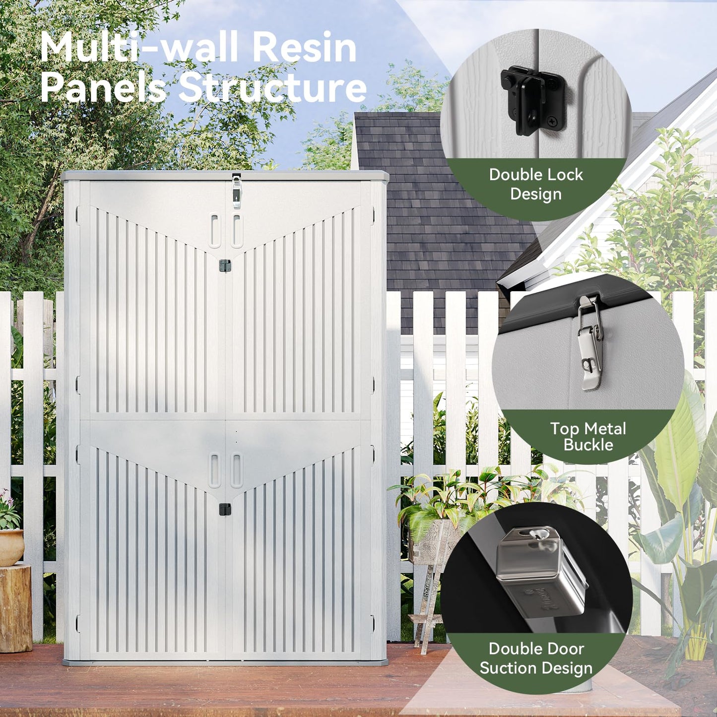 Aoxun White Resin Outdoor Storage Shed with 2 Shelves & Floor, 64 Cu.Ft Vertical Waterproof Cabinet for Garage, Pool, Bike, Garden Tools, Patio Furniture