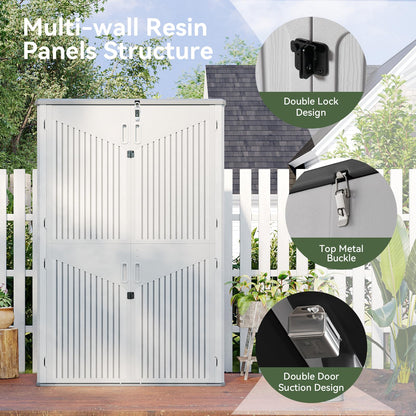 Aoxun White Resin Outdoor Storage Shed with 2 Shelves & Floor, 64 Cu.Ft Vertical Waterproof Cabinet for Garage, Pool, Bike, Garden Tools, Patio Furniture