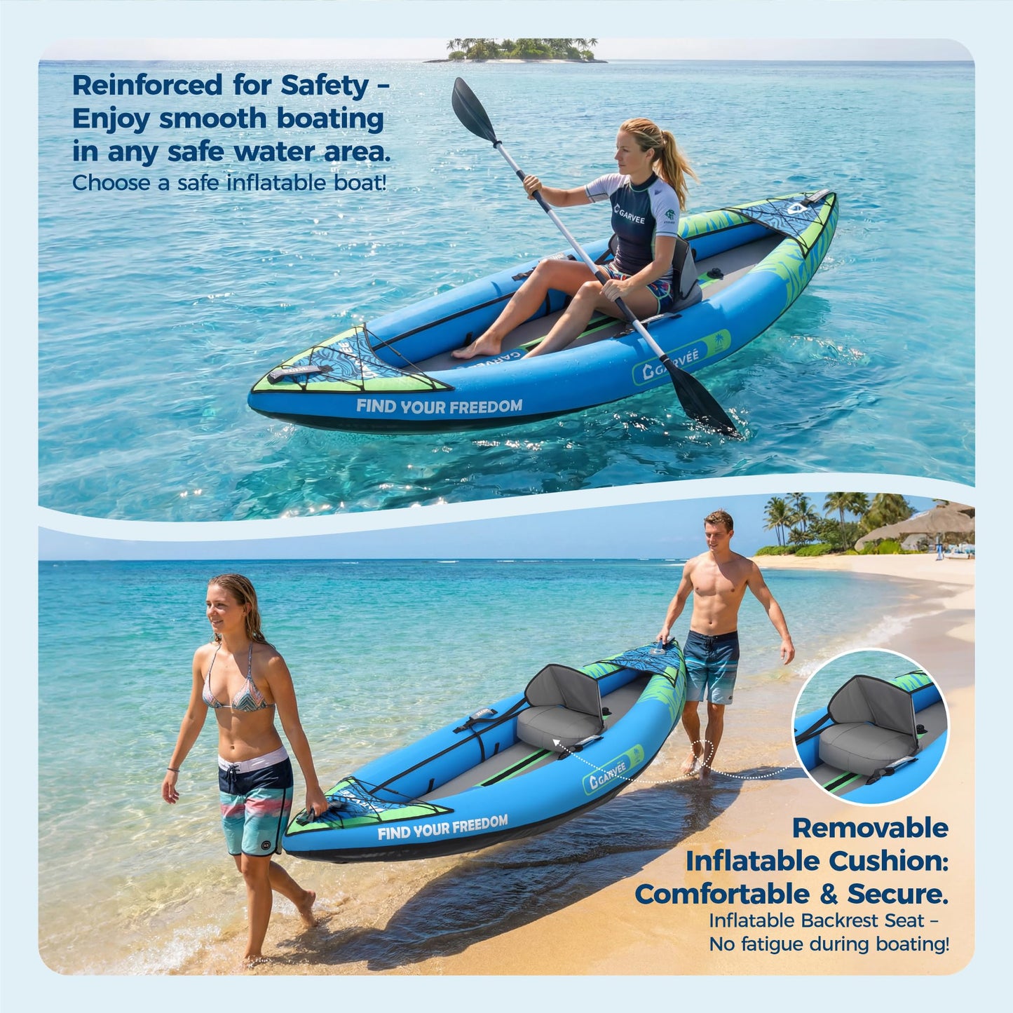GarveeLife Inflatable Kayak for Adults - 400 LBS Capacity 1-2 Person Blow Up Boat with Paddle, Seat, Pedal, Hand Pump & Storage Bag, Blue/Sky Blue