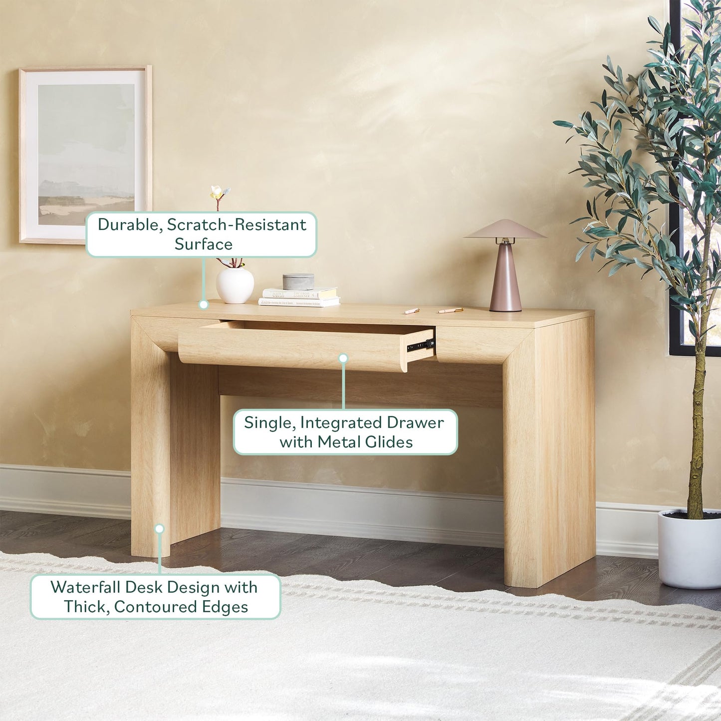 Walker Edison Amira Modern MDF Waterfall Writing Desk with a Built-in Storage Drawer, 52 Inch, Light Ash