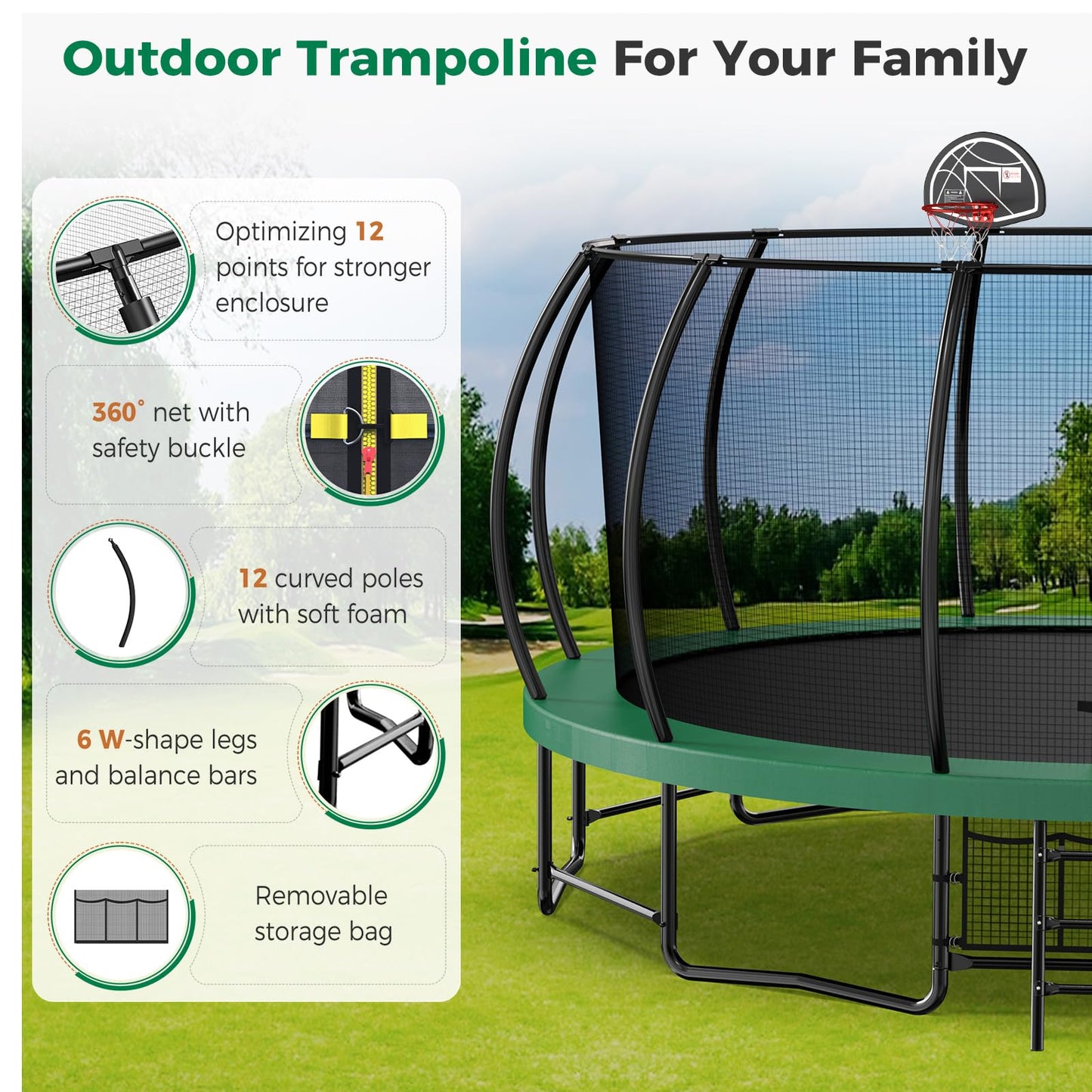 Tatub 16FT Upgrade Pumpkin Trampoline for Kids and Adults, Outdoor Recreational Trampolines with Basketball Hoop & Enclosure Net, Curved Poles & Storage Bag, Green