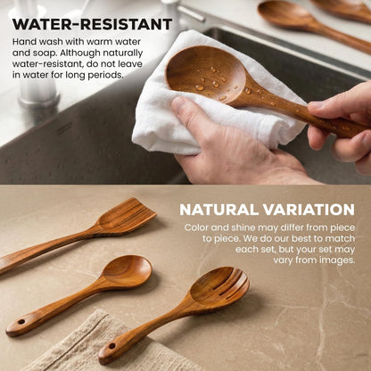 Zulay Kitchen 6 Piece Wooden Spoons for Cooking – Natural Teak Wooden Utensil Set, Easy to Clean, Durable, Smooth with Comfort Grip - Non Toxic Wooden Cooking Utensil Sets