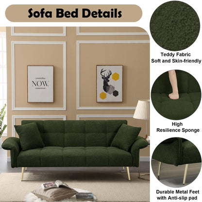KEIKI Upholstered Loveseat Sofa, 70" Convertible Futon Sofa Bed with Adjustable Arms and Backrest, Removable Pillow Cover, Comfy Cushion, Teddy Fleece Love Seat Couches for Bedroom, Apartment, Green