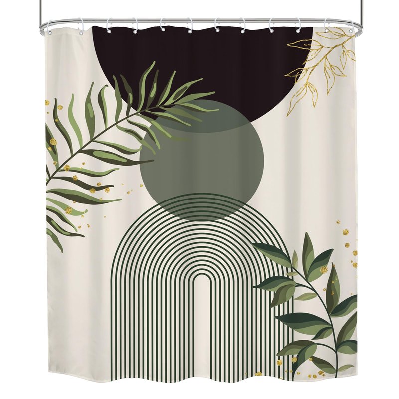Mitpok Dark Green Boho Shower Curtain 60Wx72H Teal Green Modern Bohemian Mid Century Abstract Gold Leaves Plant Bathroom Decor Minimalist Geometric Neutral Bath Curtain Fabric Polyester 12 Pack Hooks