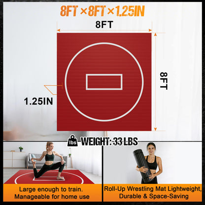 GianToucan Wrestling Mat for Home, ８’x ８’x 1.25” Grappling Mat for Wrestling, MMA, BJJ, Jiu Jitsu, Judo, Gym, Roll-Up Wrestling Practice Mat for Kids & Adults，Easy to Clean Indoor/Outdoor, Red