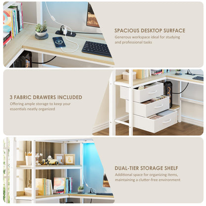 GarveeLife Twin Size Loft Bed Frame with Desk and Storage Shelves, Metal Loft Bed with Ladder and Full-Length Guardrails, Space Saving Kids Bed with Built-in Workstation for Bedroom, White