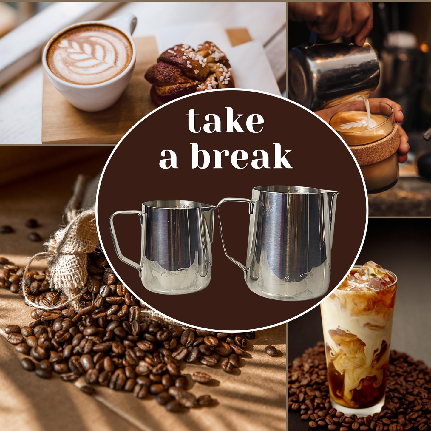 BellaVitas Milk Frothing Pitcher Set 20oz/600ml, 304 Stainless Steel Milk Frother Cup with Cocoa Shaker, Latte Art Pen, Stencils, Espresso Machine Accessories & Coffee Barista Tools Latte Pitcher Gift