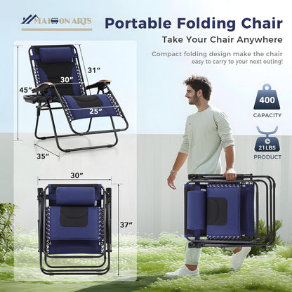 MAISON ARTS Oversized XXL Padded Zero Gravity Chair Set - Foldable Patio Recliner with Cup Holder & Pillow, Blue, Supports 400lbs