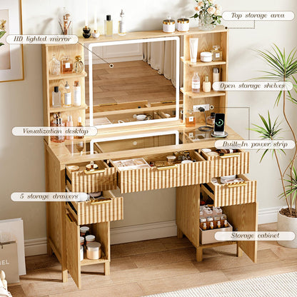 Vanity Desk with Large 27.2" Mirror and Lights 47.2" Fluted Makeup, 5 Drawer Vanity with Power Strip, 4 Open Shelves, 2 Cabinet, Modern Bedroom Vanity Featuring Visual Transparent Glass. Wood