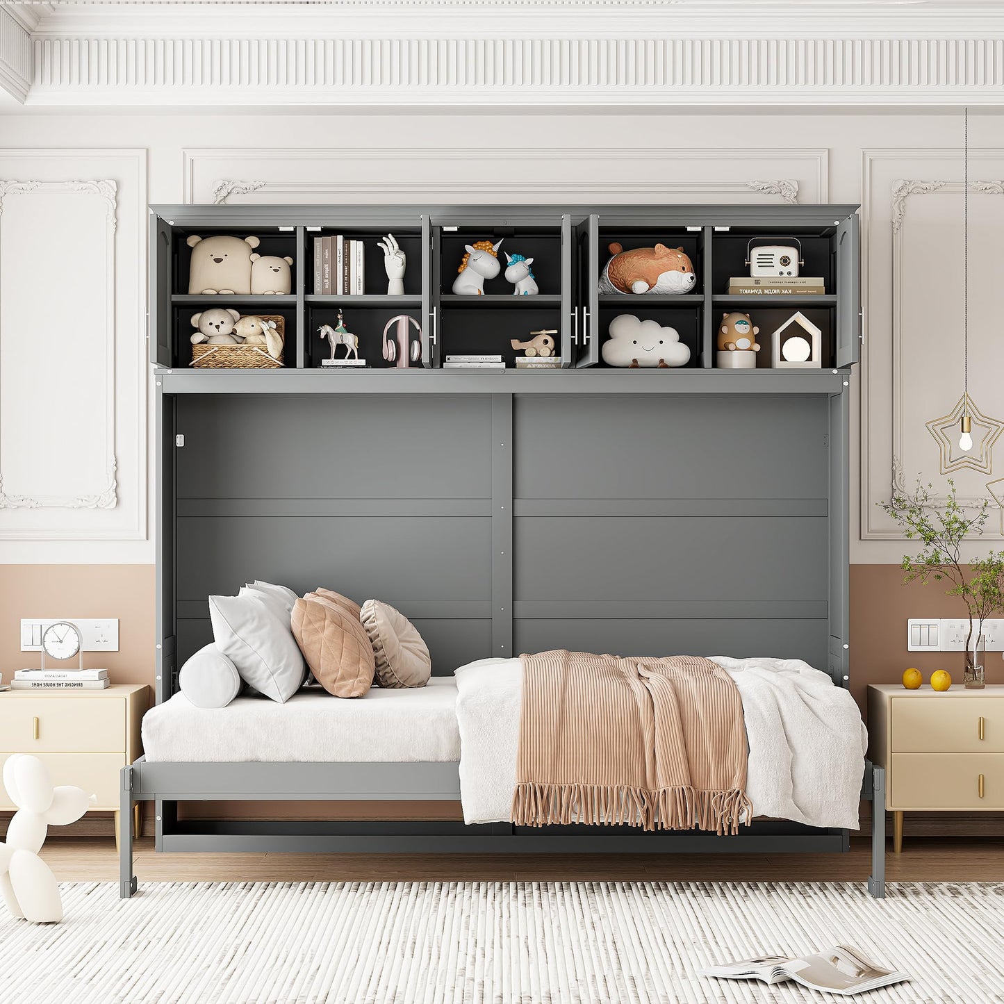 Merax Modern Farmhouse Solid Wood Murphy Cabinet Bed with Top Cabinets, Tall Wall Platform Bed No Box Spring Needed/Easy Assemble Queen,Gray