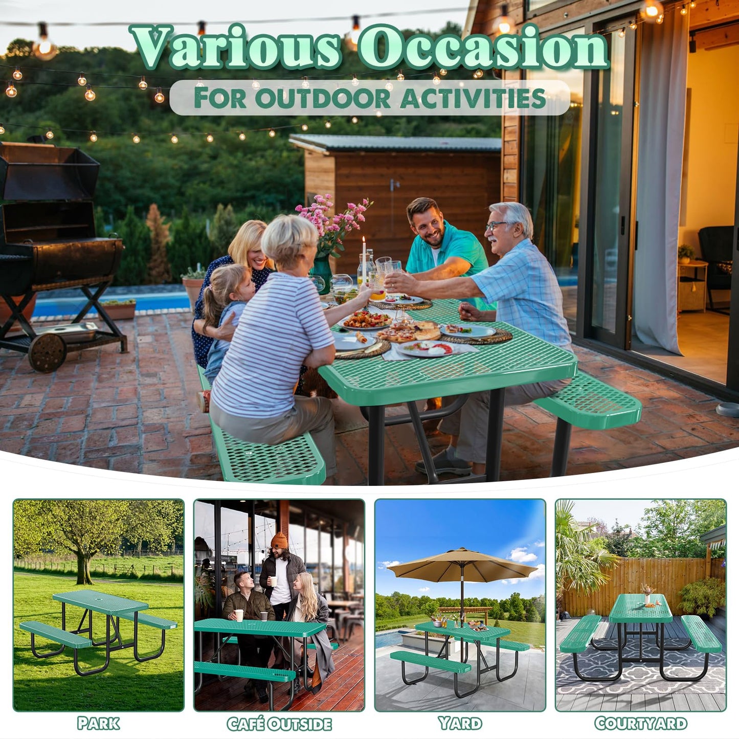 Gaonala 4FT/48IN Heavy Duty Outdoor Picnic Table and 2 Benches for 2-6 People, Weather Resistant Rectangular Steel Picnic Table Set with Umbrella Hole for Yard Patio Lawn Party Green