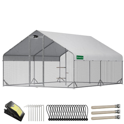 Large Chicken Coop with Chicken Run & Hardware Cloth, Solar Light, Waterproof & UV-Resistant Cover, Outdoor Poultry Cage for Farm Use,2 Room