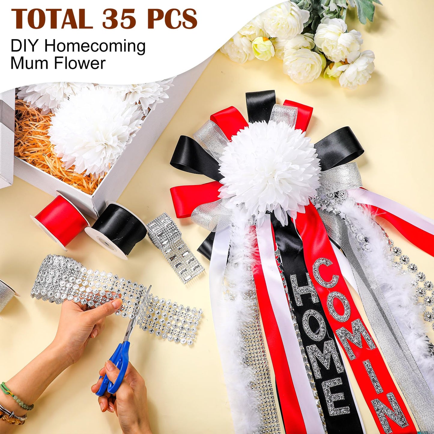 Thiccywoov Homecoming Mum Supplies Set 7'' Artificial Flower Paper Disc Backer Ribbon Home Coming Mum DIY Craft Kit for Homecoming Week Dancing Party King Queen Gift Decor (Red,Warm Style)