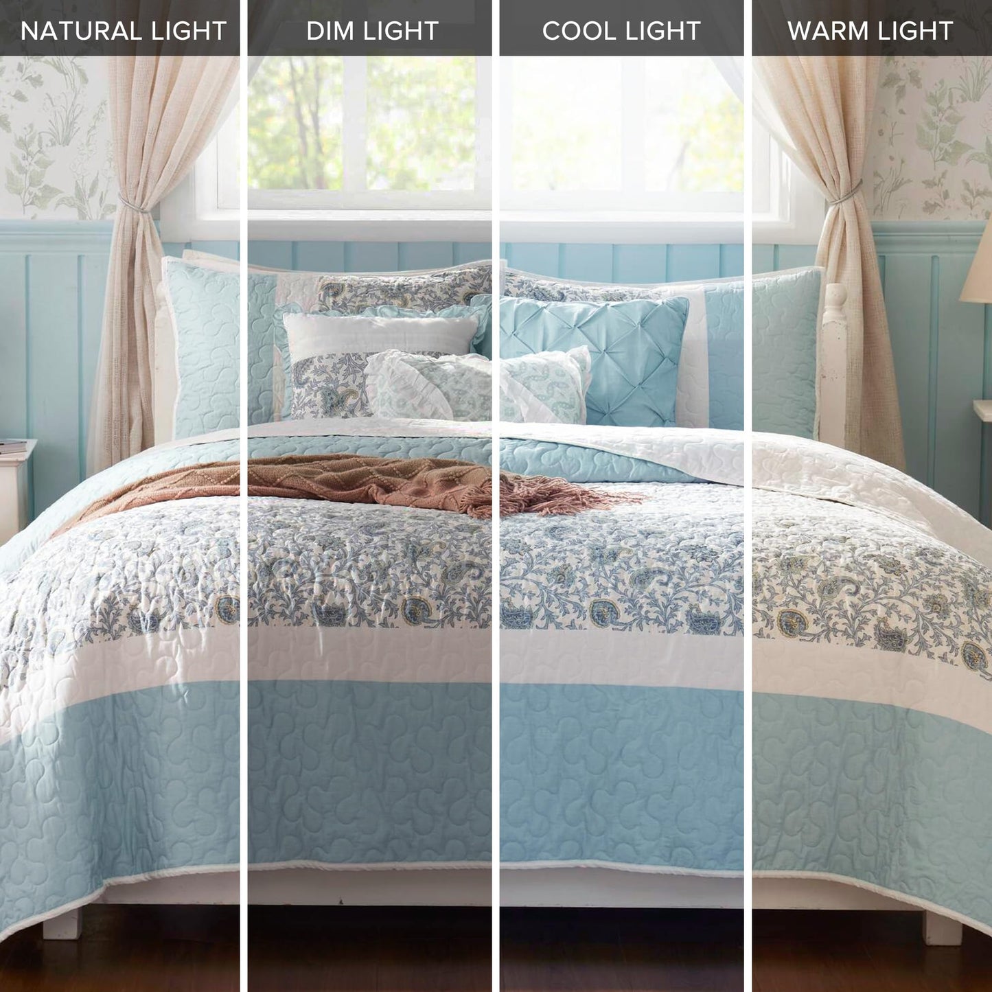 Madison Park Cotton Quilt Set Floral Print, Double Sided Stitching, All Season, Lightweight Coverlet Shabby Chic Bedding Layer, Matching Shams, King/Cal King, Aqua 6 Piece