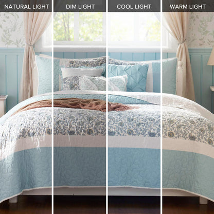 Madison Park Cotton Quilt Set Floral Print, Double Sided Stitching, All Season, Lightweight Coverlet Shabby Chic Bedding Layer, Matching Shams, King/Cal King, Aqua 6 Piece