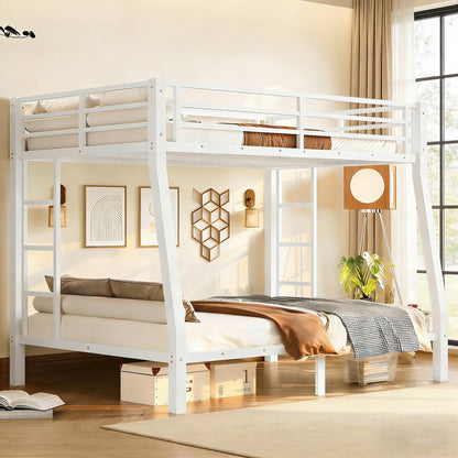 Full XL over Queen Metal Bunk Beds for Kids Teens Adults, Heavy-duty Metal Bunk Bed Frame with Guardrails, Ladders & Under-bed Storage for Bedroom Guest Room Dorms, Space-saving/Noise-reduce, White