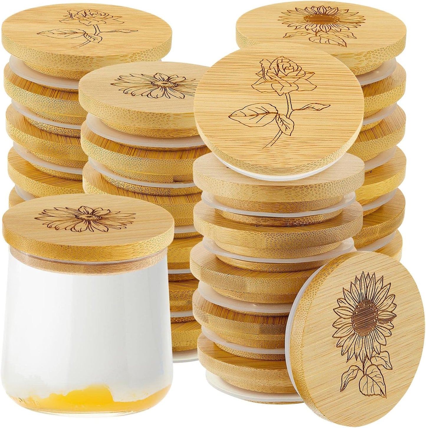 24 Set Gueevin Pieces Yogurt Jar Lids Bulk Bamboo Wooden Lids Compatible with Oui Yogurt Jars Round Reusable