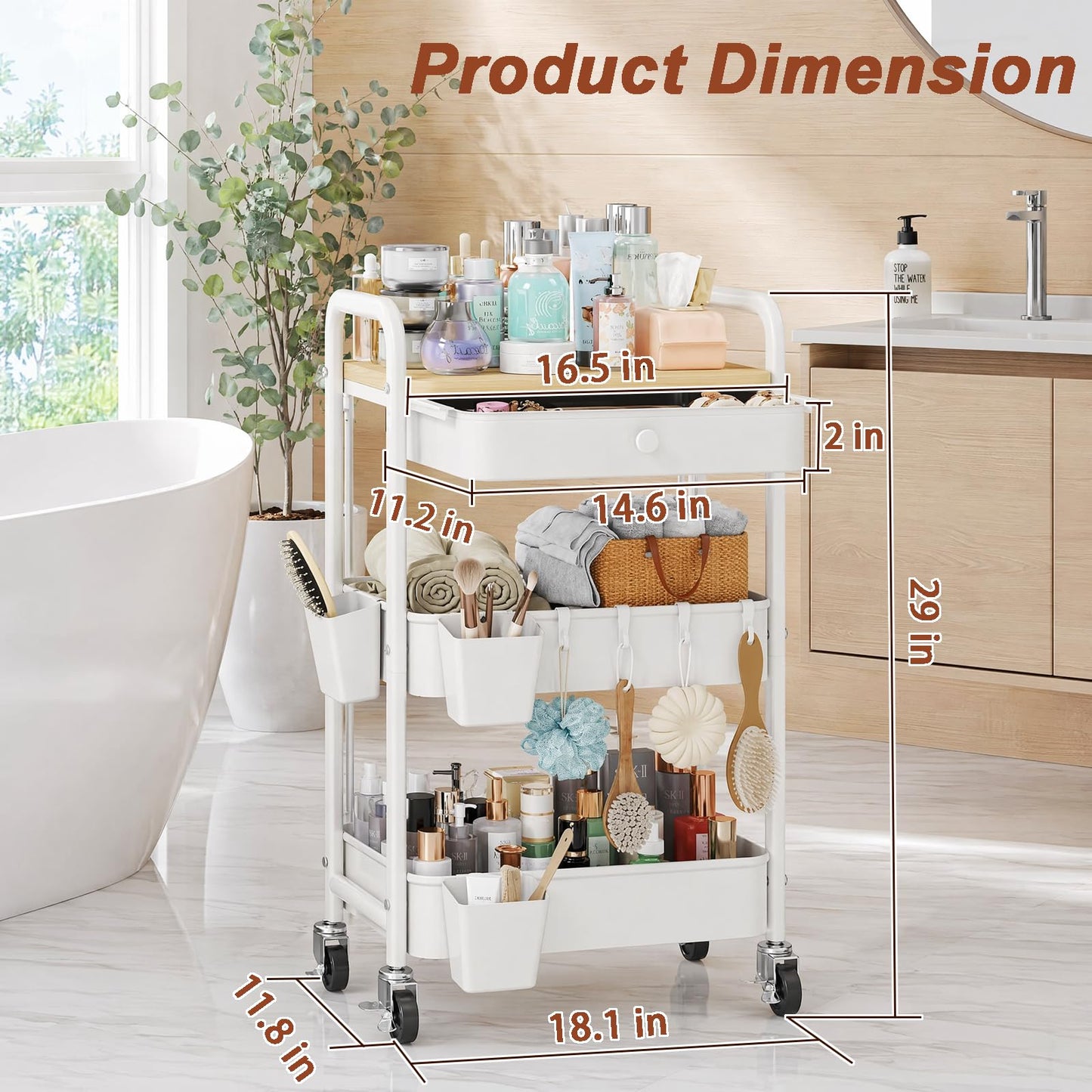 3 Tier Metal Rolling Cart with Drawers, Makeup Organizer Cart with Wheels for Skin Care/Lash/Hair Product/Perfume, Esthetician Pedicure Carts for Nail Techs, Vanity, Bathroom,Craft Storage Carts,White