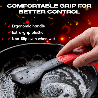 Cast Iron Scrub Brush with Heavy Duty Scraper - Nylon Bristles Dish Scrubber for Pans, Skillets and Woks – Kitchen Cleaner Removes Grime, Grease, Food Build Up - 90058 by Chef Master