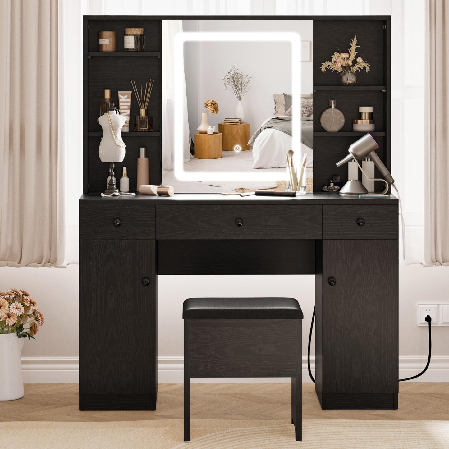 IRONCK Vanity Desk Set with Large LED Lighted Mirror & Power Outlet, 7 Drawers Vanities Dressing Makeup Table with Storage Bench, for Bedroom, Industrial Style Black