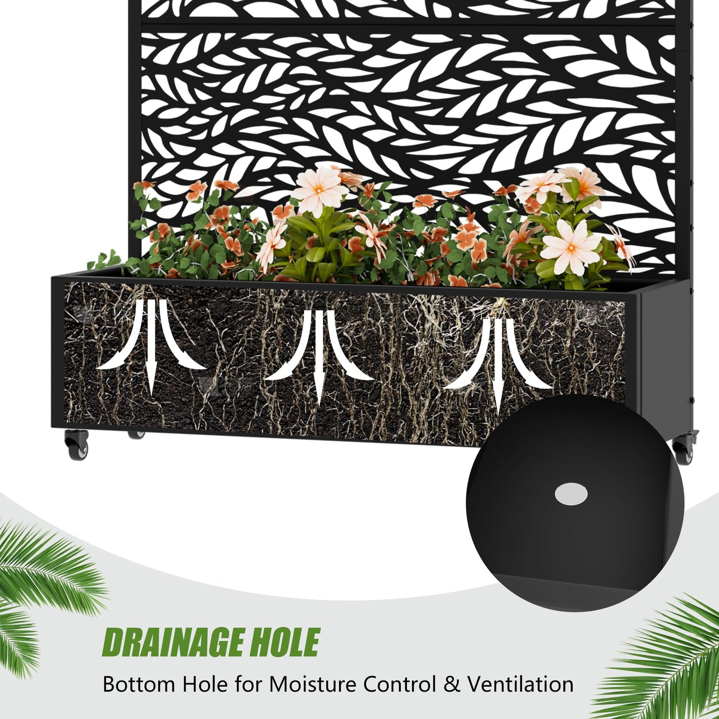 Wooakway 72" H Raised Garden Bed with Trellis and Wheels, Metal Privacy Screen Outdoor Planter Box with Decorative Leaf Pattern, 52 Gal Large Mobile Vertical Planter for Patio, Balcony & Backyard