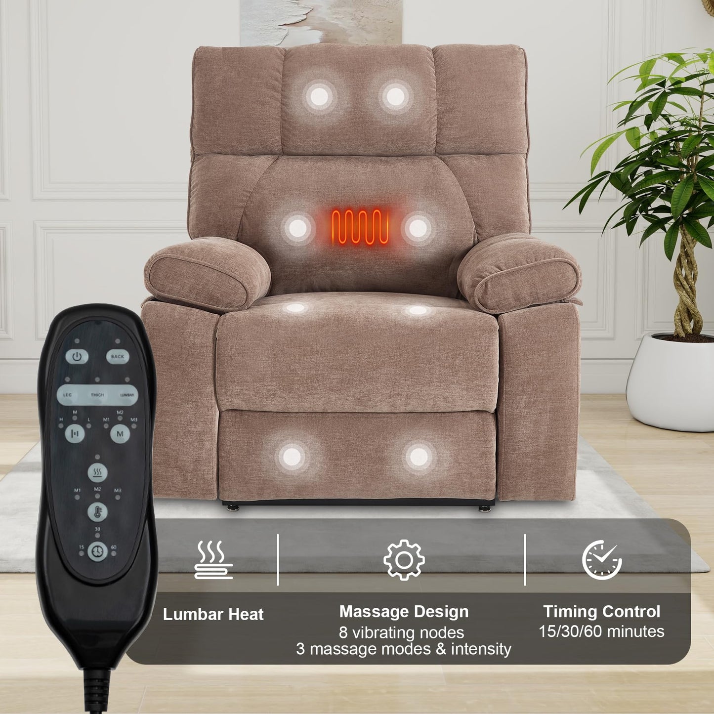 RHHVVR Oversized Power Lift Recliner Chair for Adults, Large Electric Lift Recliners with Massage Heating, Medium-Firm Electric Lay Flat Reclining Chair Sofa for Living Room, Chenille Brown