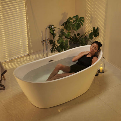 67" Luxury Freestanding Bathtub - Deep Soak Acrylic Tub for Master Bathroom, Modern Standalone Shower Tub with Overflow Drain, Non-Slip Flat Bottom Design, Spa Experience at Home,cUPC Certified