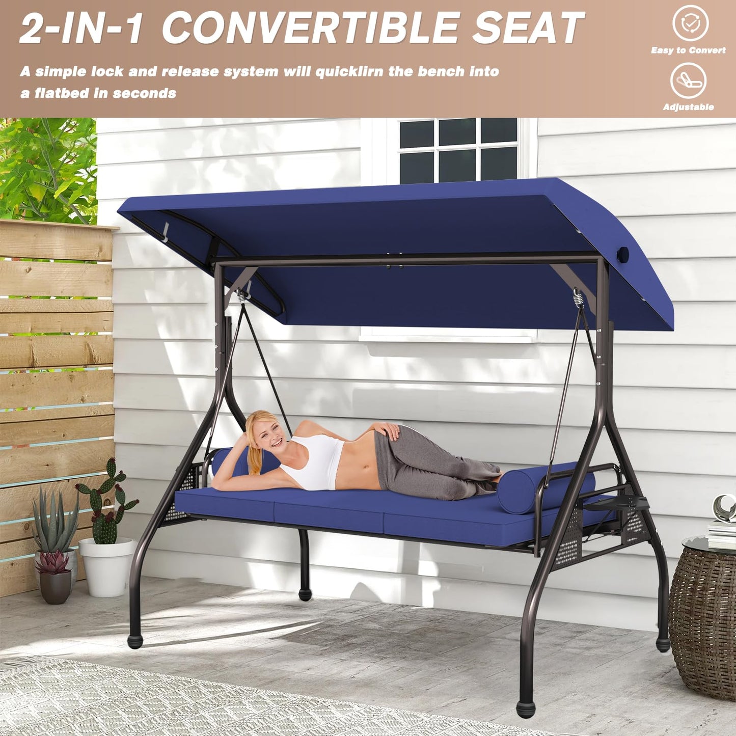 Patiomore 3 Seat Outdoor Porch Swing Bench, Adjustable Canopy Swing Chair, Convertible Backrest Swing Bed with Pillow & Cup Hold and Thicken Cushions, Dark Blue