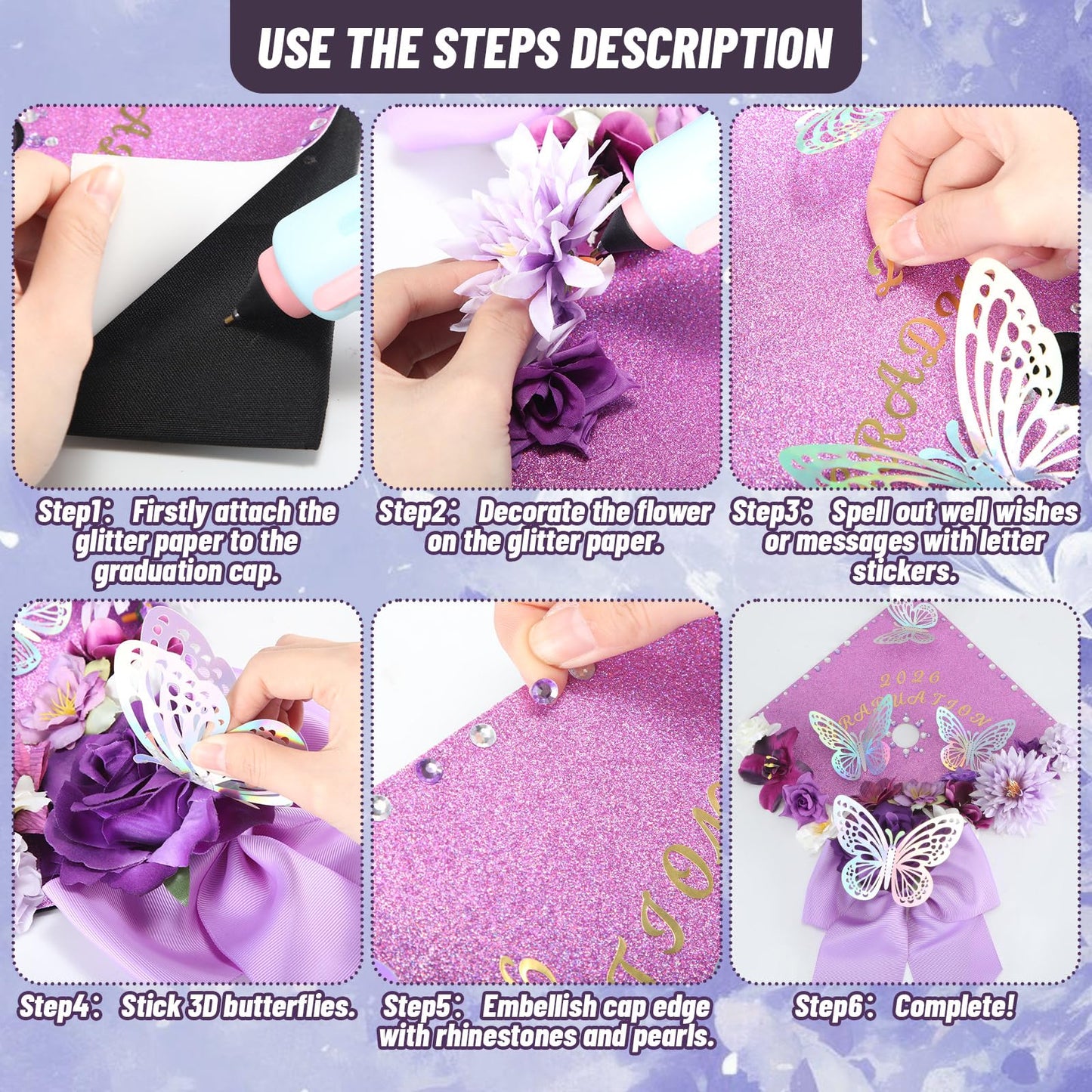 Dunzoom 100 Pcs DIY Purple Graduation Leis and Cap Decorations Kit 55''Double Braided Graduation Ribbon Lei Artificial Flower 3D Butterfly Glitter Paper Grad Cap Topper Accessory for 2026 Grad