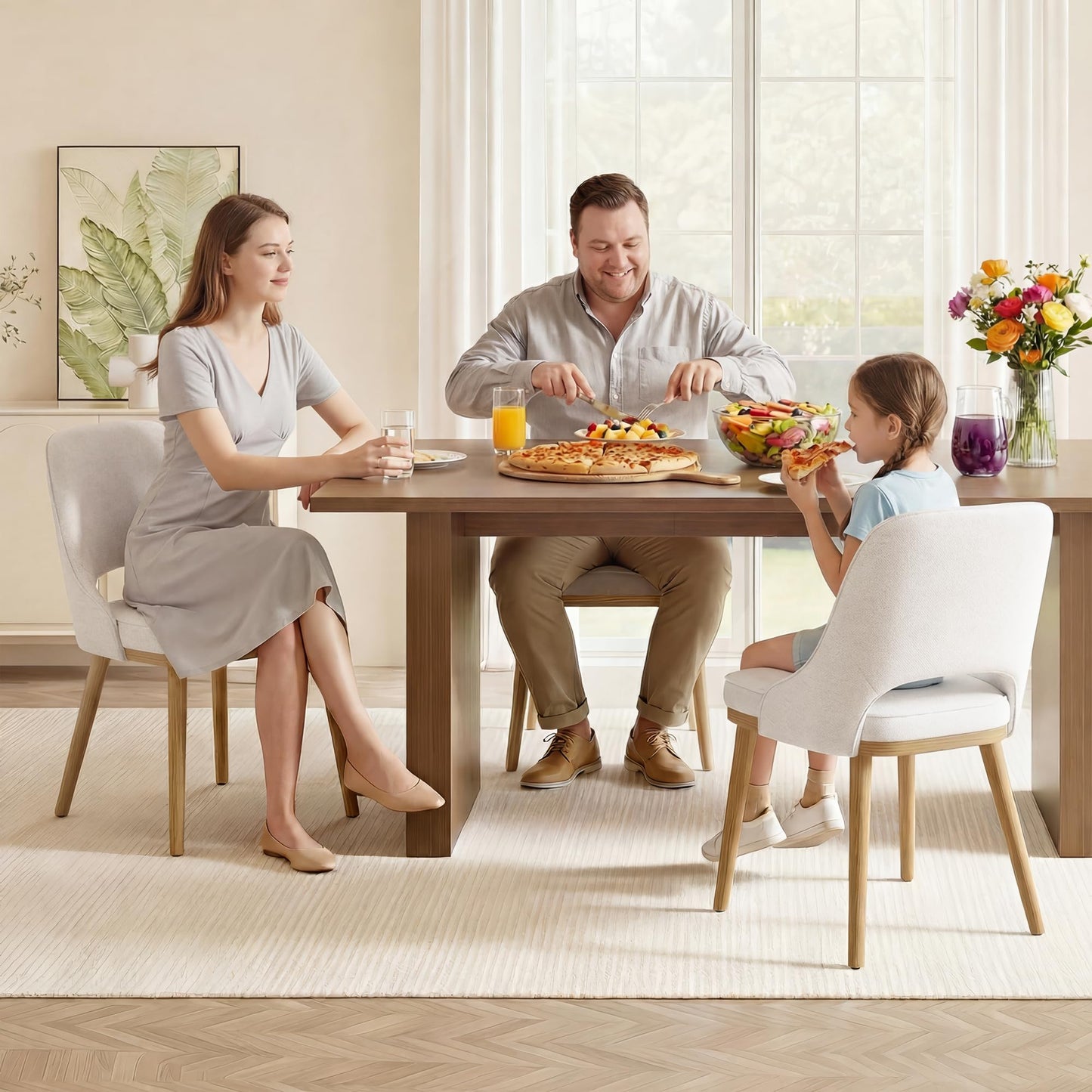 MALOL Wooden Dining Chairs Set of 4, Modern Fabric Upholstered Dining Room Chair, Kitchen Side Chairs, Farmhouse Armless Dinner Chair with Open Back for Kitchen, Beige