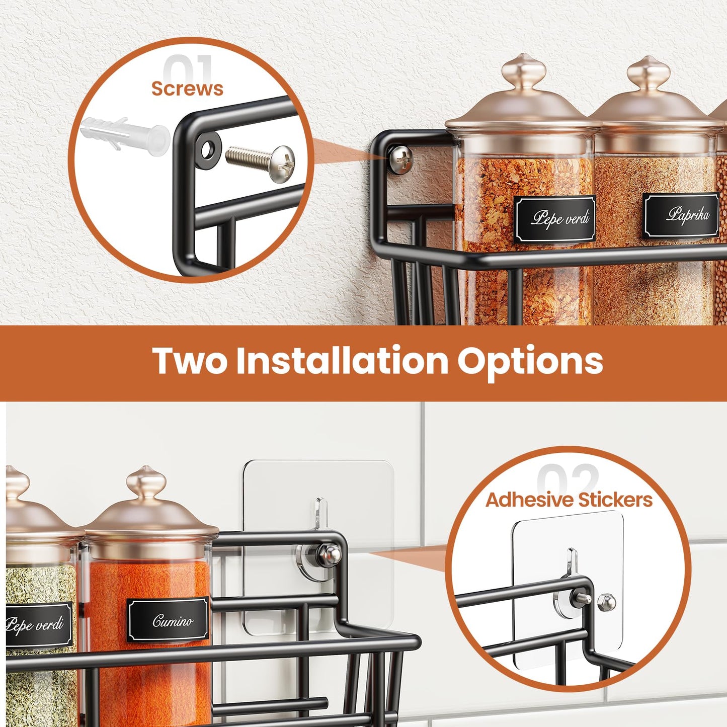 Mystozer Spice Rack wall mounted 6 Pack, Space-Saving Spice Organizer for Spice Jars and Seasonings,Screw or Adhesive Hanging Spice Rack Organizer for Your Kitchen Cabinet,or Pantry Door