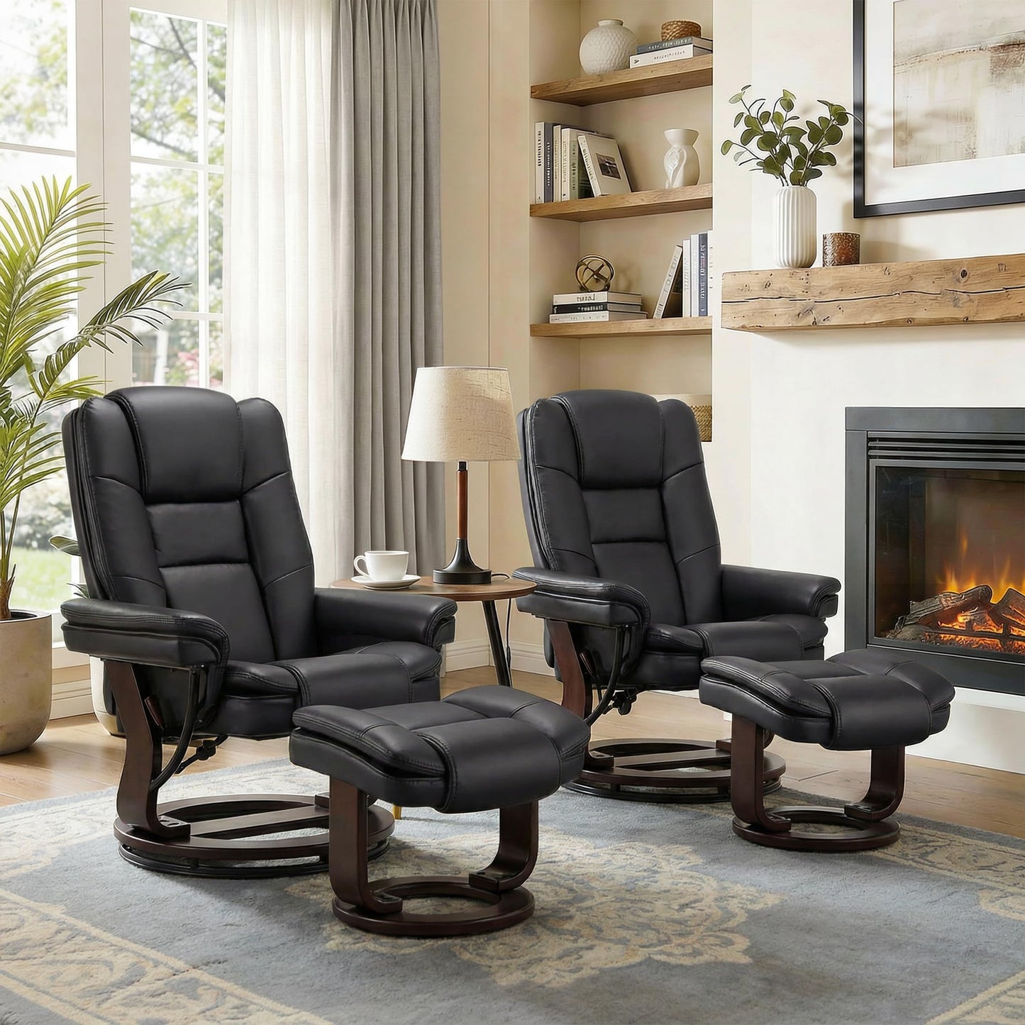 Argus Swivel Recliner with Ottoman, PU Leather & Wood Base Reclining Chair with Footrest, Ultra-Plush Double Foam for Living Room, Bedroom and Office, Set of 2