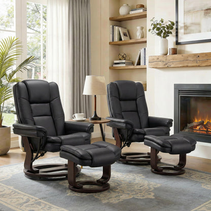 Argus Swivel Recliner with Ottoman, PU Leather & Wood Base Reclining Chair with Footrest, Ultra-Plush Double Foam for Living Room, Bedroom and Office, Set of 2