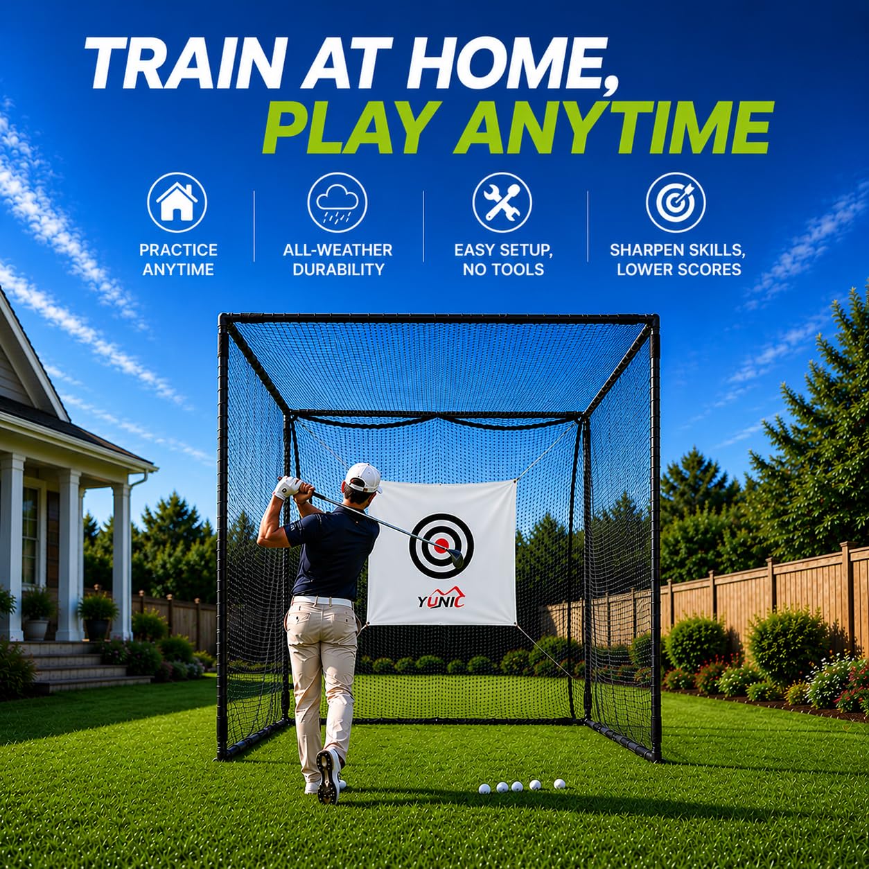 YUNIC Golf Driving Cage with Steel Frame, Golf Nets for Backyard Driving for Full Swing and Chipping Practice Indoor Outdoor (Black, 10'(W) x8'(H) x5'(D))
