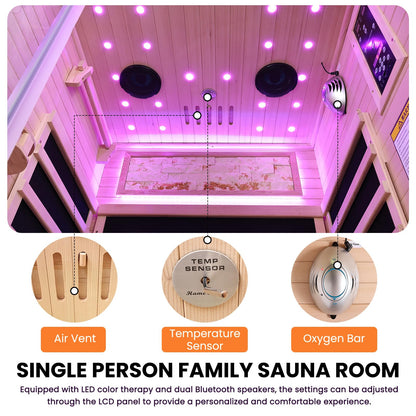 OUTEXER One Person Sauna Far Infrared Saunas Room Canadian Hemlock 1450W Dry Saunas Spa with 7 Starry Sky Light 35.4 * 35.4 * 70.8inch