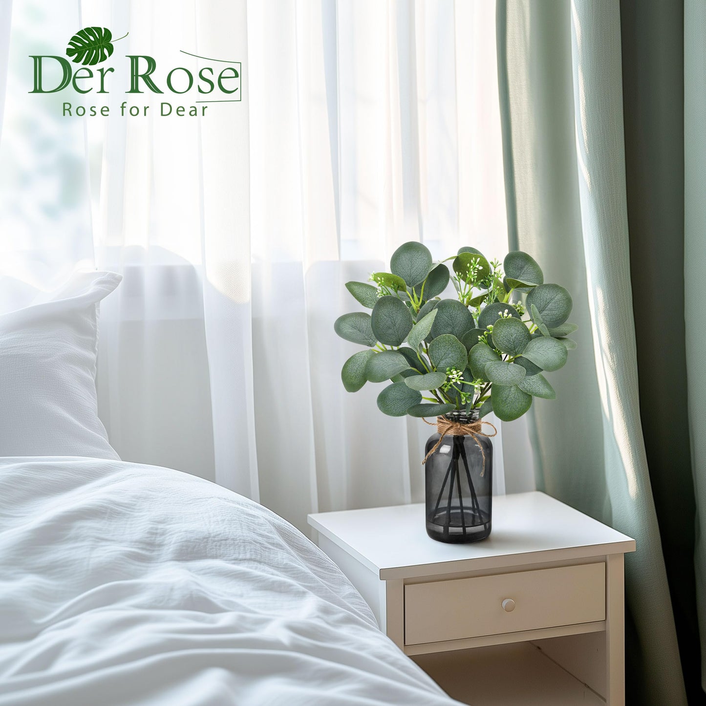 Der Rose 13.5" Fake Plants for Black Bathroom Decor Artificial Eucalyptus Stems in Black Glass Vase with Faux Water for Office Desk Accessories Farmhouse Home Table Centerpiece Decor（Sage Green）