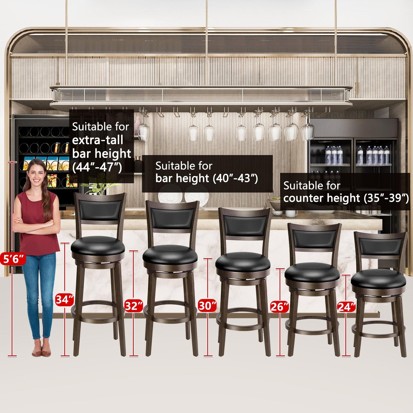 PrimeZone Swivel Bar Stools Set of 4, 24 Inch Counter Height Barstools, Black Faux Leather Bar Stool with High Backrest & Solid Wood Leg & Wrap-Around Footrest, Counter Stools for Kitchen Island, Pub