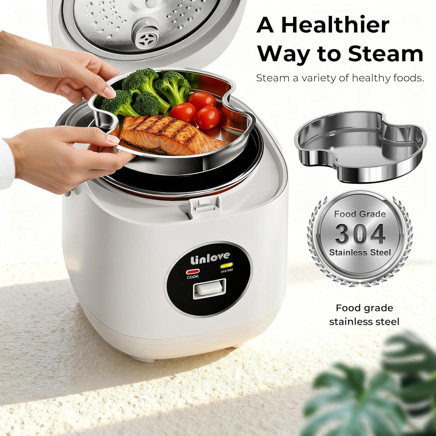 3 Uncooked,1.6 1-3 Rice Cooker Small cup Quart Non-stick Mini Rice Cooker,With Stainless Steel Steamer Tray,One-Switch
