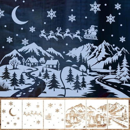 Leinuosen 6 Pcs Christmas Window Stencils - Reusable Winter Village & Santa Claus Designs | 35.4 x 33 Inches