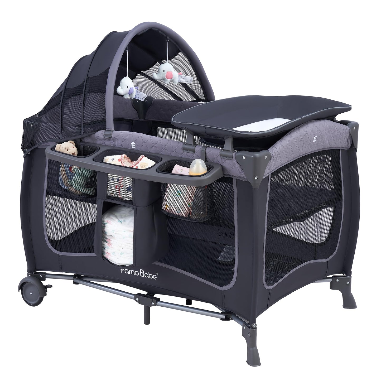 Pamo Babe Baby Playard with Canopy, Portable Crib with Changing Table