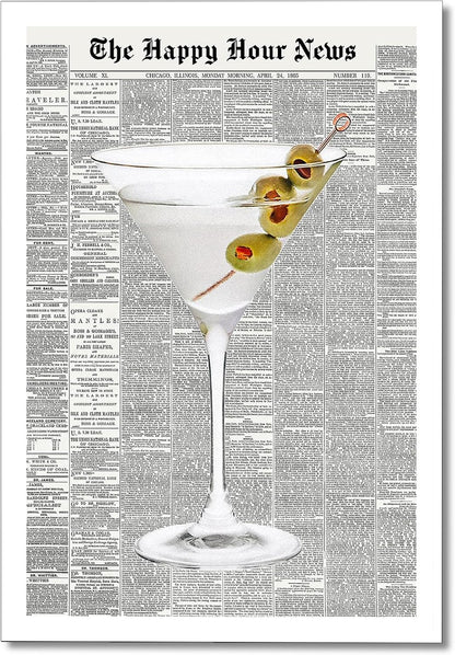 Generic 70's 16x24in Trendy Green Martini Canvas Wall Art Vintage Newspaper Retro Bar Cart Aesthetics Poster Funky