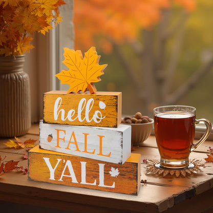 4 Pcs Hello Fall Decor Wooden Tiered Tray Decor, Maple Leaf Autumn Decorations Gifts for Home, Thanksgiving Table Centerpiece for Autumn Harvest Party Kitchen