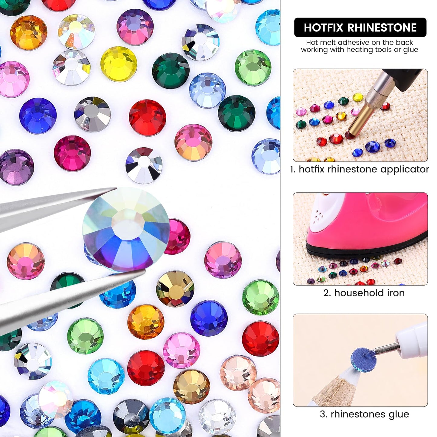 24 Colors Hotfix Rhinestones Kit, SS30 Glass Flatback Crystals for Clothes, Hats, Shoes & Crafts with 4 Tools, Tweezers, Wax, Pencil, Spoon hot fix kit（Color B）