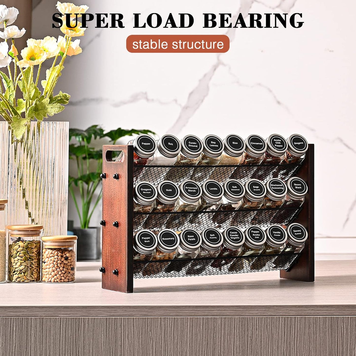 Spice Rack Organizer for Cabinet, Wooden Spice Jar Organizer with 24 Empty Jars and 180 Spice Labels for Kitchen