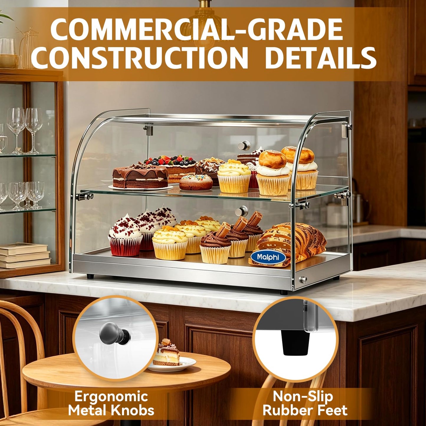 1.59 Cu.ft Malphi Large Pastry Display Case Countertop | Commercial Bakery Display Stand Cupcake Holder Tempered Glass | Large Bread Cookie Display Box | 22.1" x 15.2" x 14.6" | 27.5 lbs |
