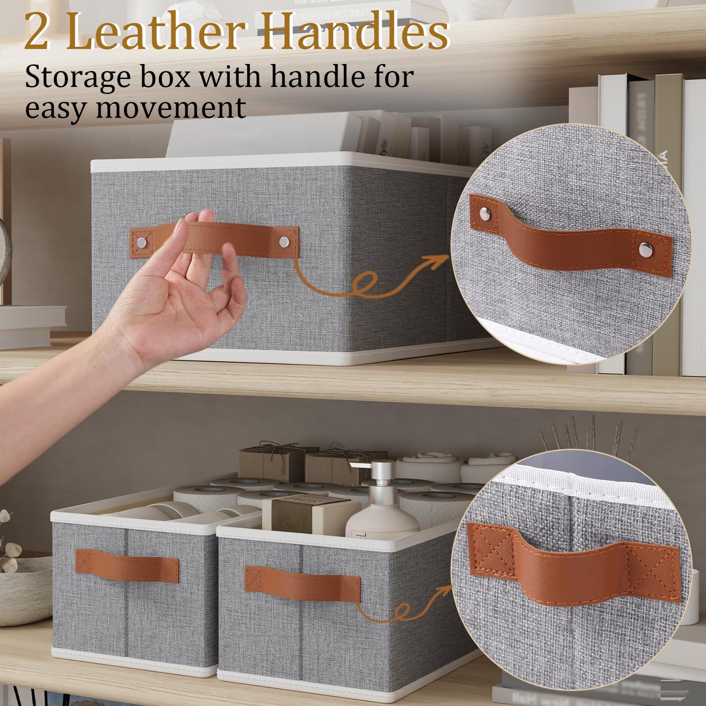 OUTBROS Storage Baskets, Foldable Bins for Shelves, Fabric Boxes With Handles, Wardrobe Organiser, For Bedrooms, Living Rooms, Grey, 15 x 6.1 x 5.1 inch, 3-Pack