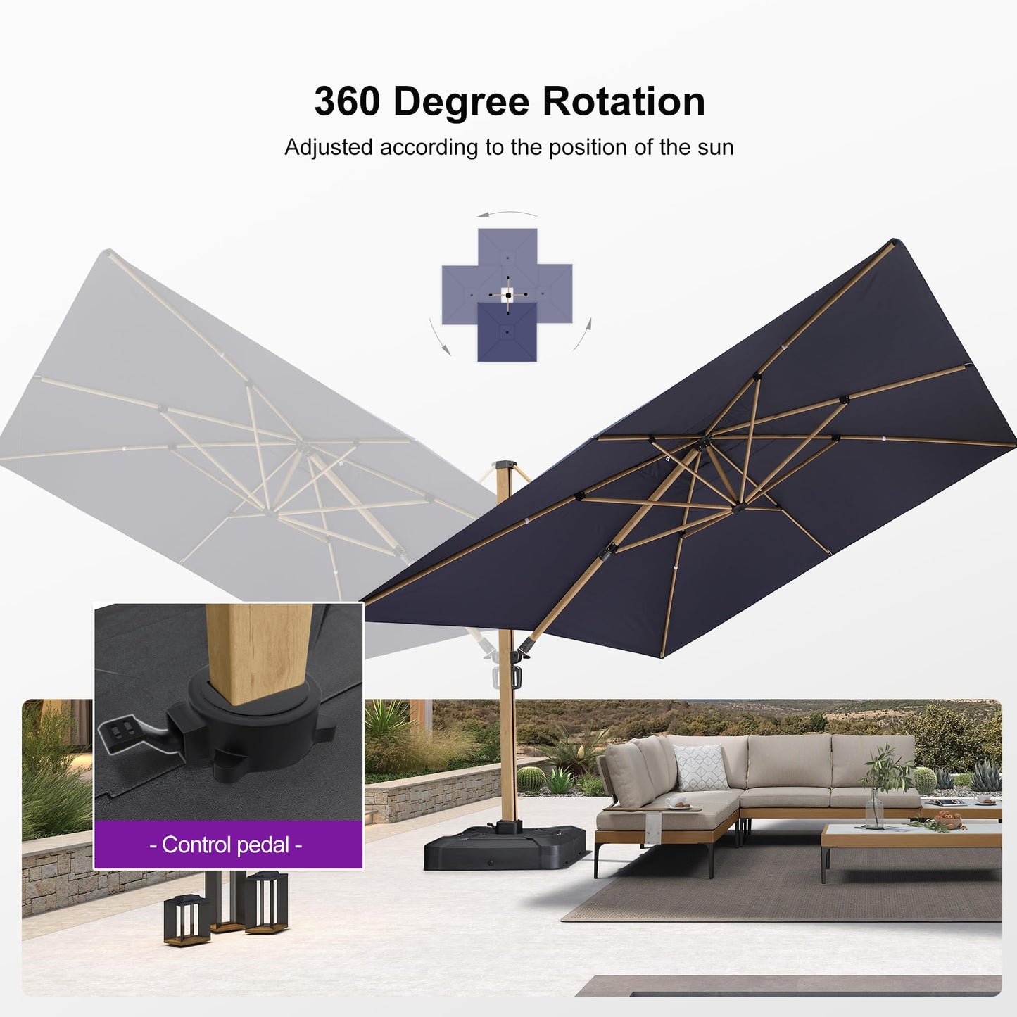 PURPLE LEAF 12FT Patio Umbrella Square Cantilever Umbrella Teak Finished Aluminum Frame Large Windproof Offset Outdoor Sun Umbrellas for Beach Pool Deck, Navy Blue