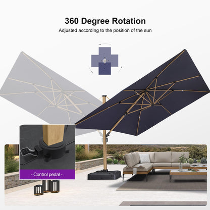 PURPLE LEAF 12FT Patio Umbrella Square Cantilever Umbrella Teak Finished Aluminum Frame Large Windproof Offset Outdoor Sun Umbrellas for Beach Pool Deck, Navy Blue