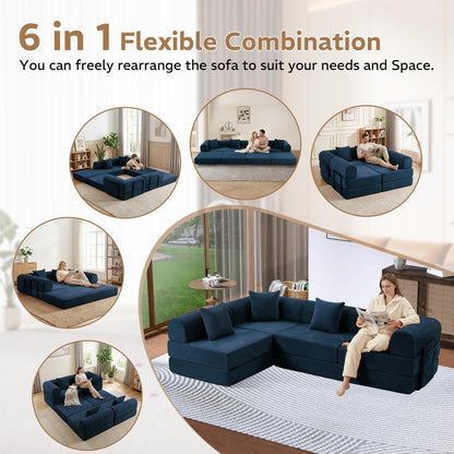 Trygoal 142" Oversized Modular Sectional Sofa Bed, 7-in-1 Convertible Corduroy Cloud Couch with Storage Bag & Reinforced Frame, Deep Seat Sectional Couches for Living Room, Tool-Free Assembly, Blue